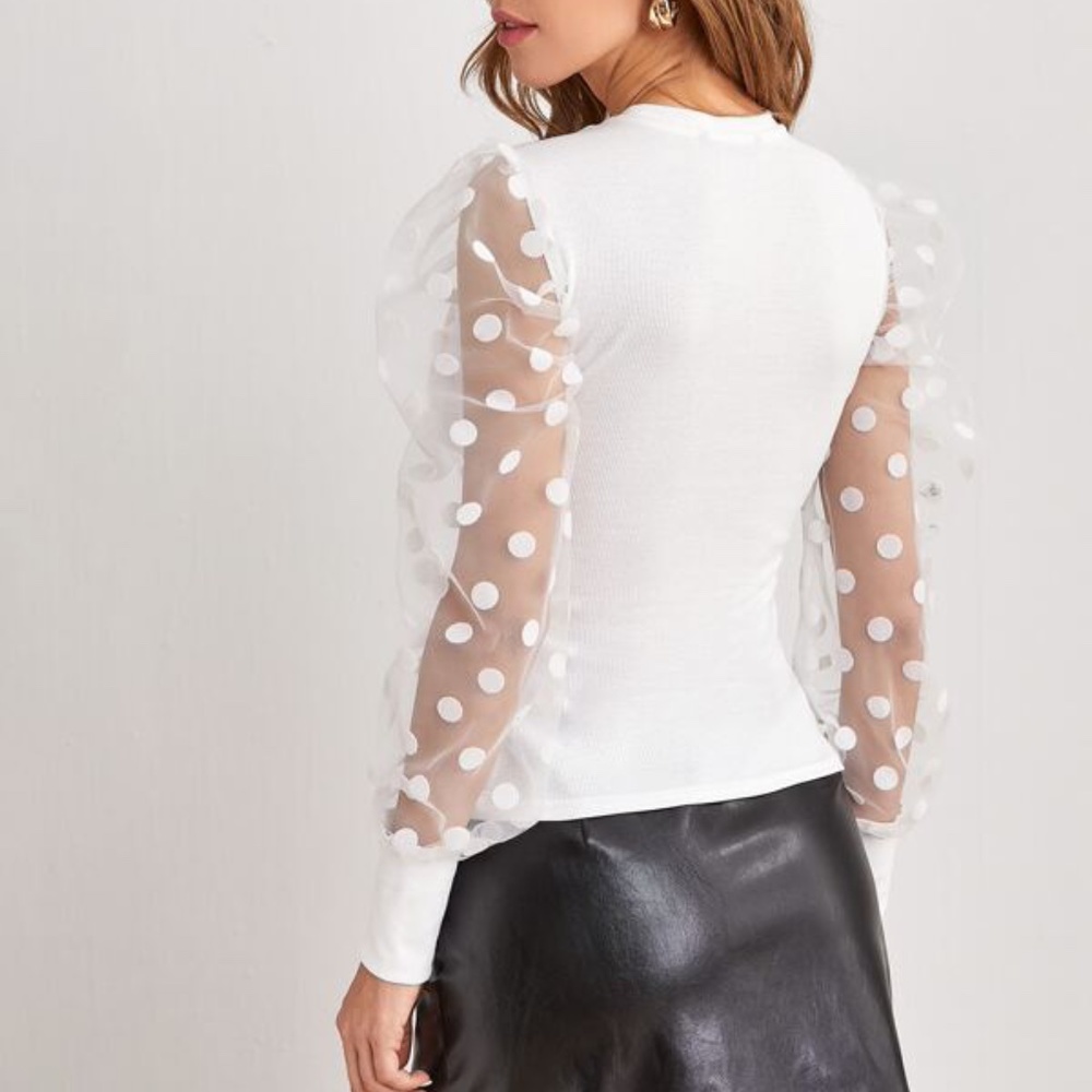 Classic Black Polka Dot Sheer Sleeve Fitted Top - Picture 5 of 6